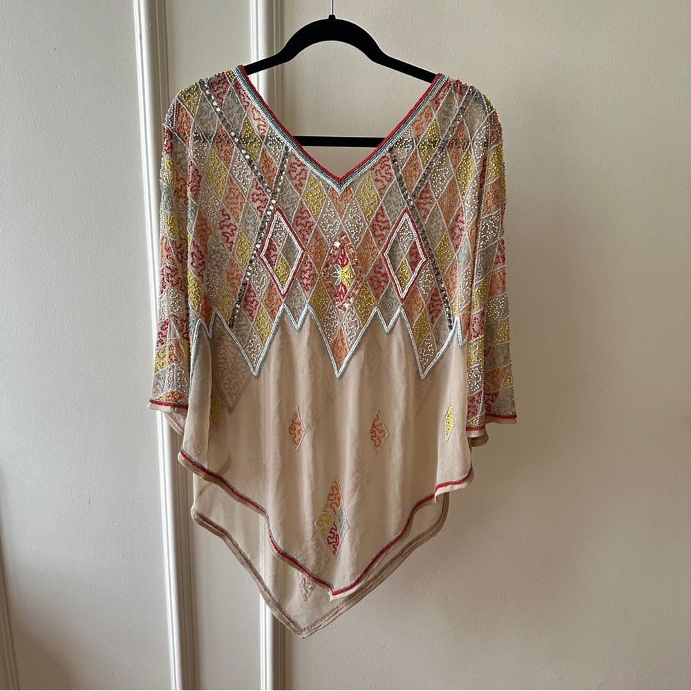 Camilla Elegant Multicolor V-Neck Beaded Poncho Short Kaftan